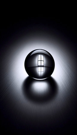 A perfectly spherical water droplet on a black anodized metal surface, reflecting a distorted window...
