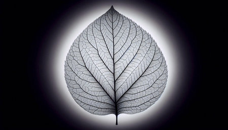 A single leaf suspended against a pure white background, backlit to reveal every vein and cellular...