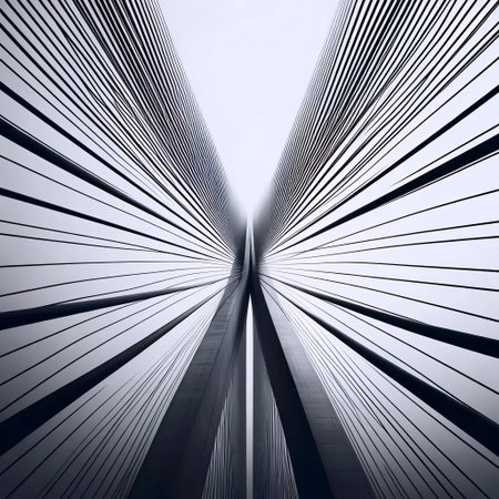Architectural detail of a steel cable suspension bridge, focusing on the converging lines of cables against the sky, Ai generated imageの写真素材