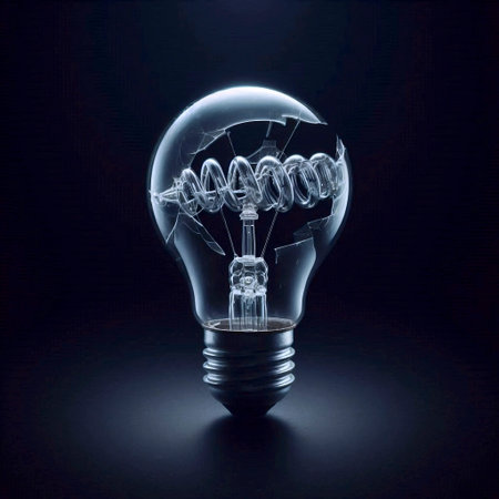 The coiled filament of a clear, broken incandescent light bulb against a black background, Ai...
