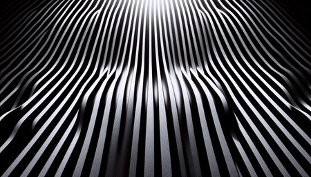 Detail of a corrugated metal wall, with sunlight creating parallel lines of absolute white and deep...