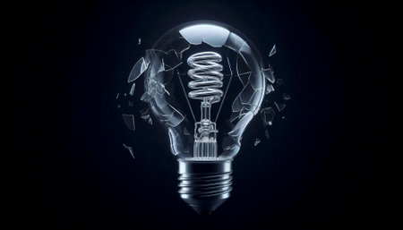 The coiled filament of a clear, broken incandescent light bulb against a black background, Ai...