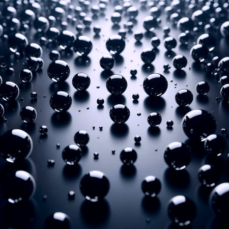 Pattern of rain droplets on a perfectly flat, black glass surface, arranged in a random yet rhythmic scatter.の写真素材