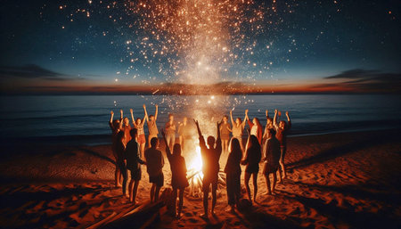 A group of friends gathered around a crackling bonfire on a dark, remote beach, their faces...
