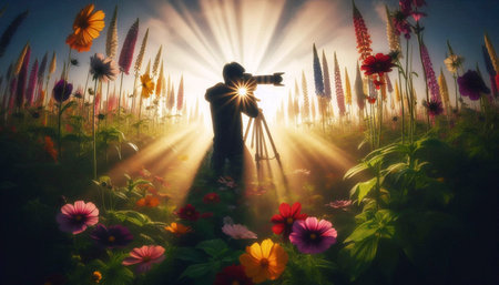 A photographer crouched in a field of tall sunflowers, capturing the sunrise, with the morning mist...