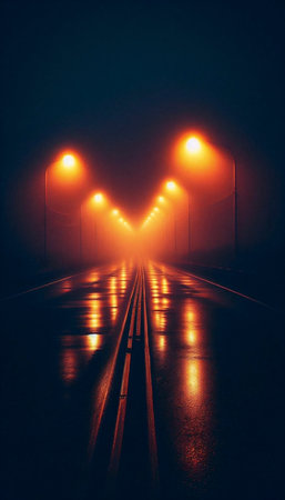 An empty, rain-soaked highway at night, stretching into darkness, lit only by the periodic glow of...