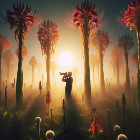 A photographer crouched in a field, capturing the sunrise, with the morning mist still clinging to...