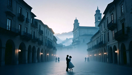 A couple dancing slowly in the middle of a cobblestone square in a small European town, completely...