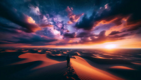 A lone traveler sitting on the hood of a vintage vehicle, contemplating an endless desert under a...