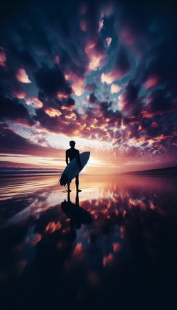 A surfer walking back up the beach after a session, carrying their board, with the last embers of a fiery sunset reflecting in the wet sand, Ai generated imageの写真素材
