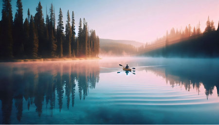 A single kayaker paddling across a perfectly still mountain lake at sunrise, with the mirrored reflection of snowy peaks creating symmetry, Ai generated imageの写真素材