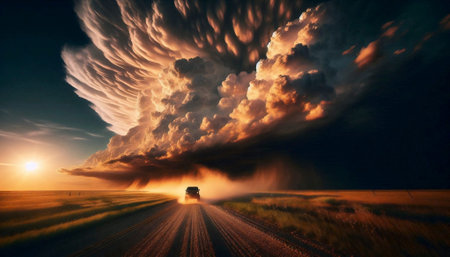 An old pickup truck traveling down a straight, dusty farm road that vanishes into the horizon under...