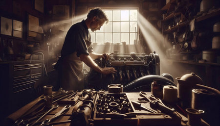 A mechanic working under the raised hood of a classic car in a dusty, sunlit garage, with tools scattered and light beams cutting through the air, Ai generated imageの写真素材
