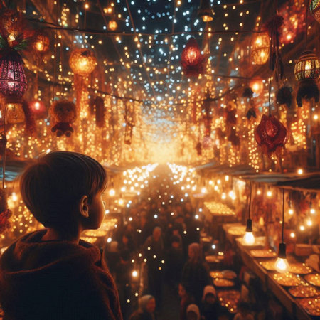A wide, elevated view of a bustling European Christmas market at dusk, focusing on a childs awestruck face as they look at a glittering tree, Ai generated imageの写真素材