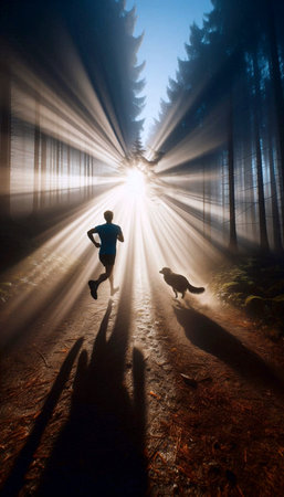 A woman running with her dog through a forest path engulfed in thick, ethereal morning fog, with...