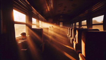 The interior of a vintage train compartment at golden hour, where two strangers share a silent,...