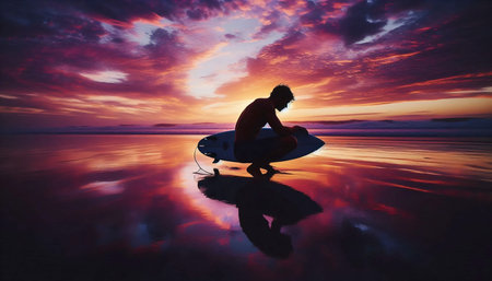 A surfer walking back up the beach after a session, carrying their board, with the last embers of a fiery sunset reflecting in the wet sand, Ai generated imageの写真素材