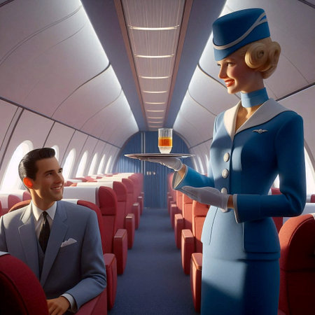 A glamorous stewardess offering a cocktail to a businessman in a spacious, retro-futuristic airplane...