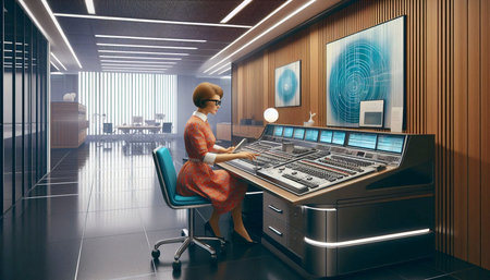 A spacious, minimalist office where a secretary operates a large, futuristic computer console with many buttons and lights, Ai generated imageの写真素材