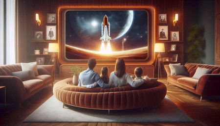 A family gathered around a large, console-style color television set, watching a space launch with...
