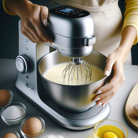 A close-up, top-down shot of a womans hands using a new electric mixer in a sparkling yellow bowl,...