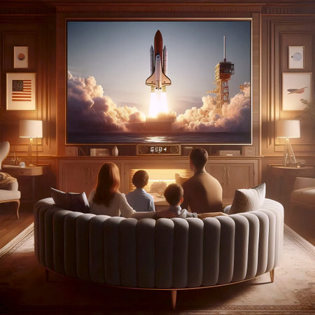 A family gathered around a large, console-style color television set, watching a space launch with...