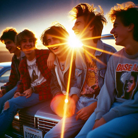 A group of teenagers leaning on a vintage muscle car in a mall parking lot at golden hour
