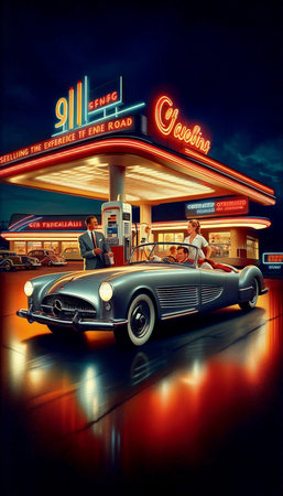 A futuristic gas station at night, with glowing cantilevered canopies and a couple in a convertible...
