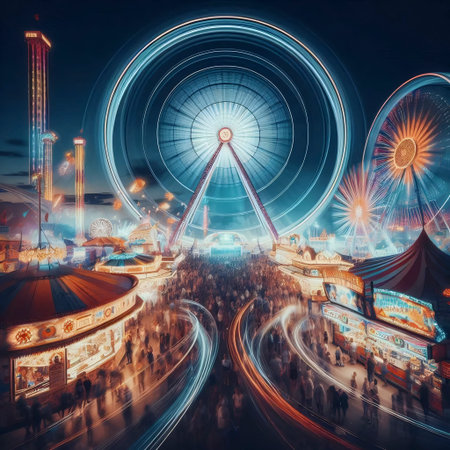 A long exposure night shot of a bustling county fair, with spinning rides becoming circles of light, Ai generated imageの写真素材