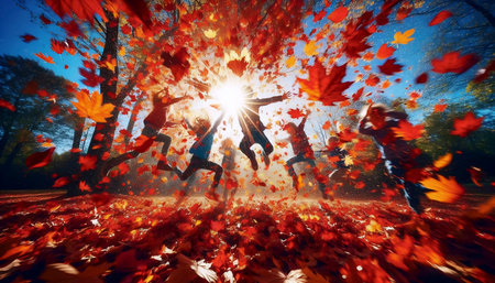 A chaotic and fun scene of kids playing in autumn leaves, piles of colorful leaves mid-throw, Ai generated imageの写真素材