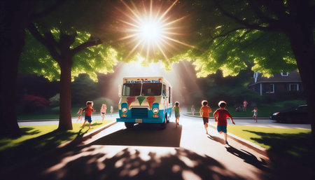 An everyday summer scene of kids running towards an ice cream truck on a tree-lined street, Ai...