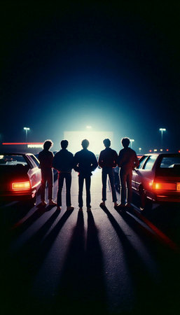 A group of friends sitting on the hood of a car, listening to music from a boombox at a drive-in theater, Ai generated imageの写真素材