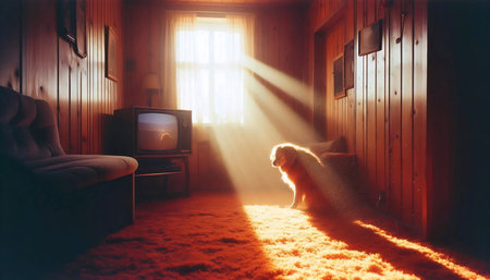 A family dog sleeping peacefully in a square of sunlight on a shag carpet in a 1970s living room, Ai...