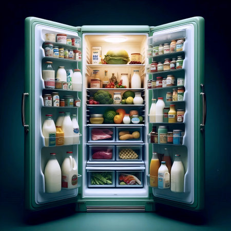 A gleaming, avocado-green refrigerator stocked with perfectly organized, colorful packages of food...