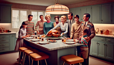 A family gathered in a modern kitchen, all smiling as the mother presents a perfectly browned turkey...