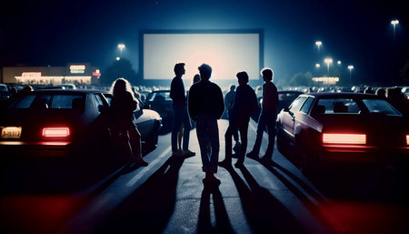 A group of friends sitting on the hood of a car, listening to music from a boombox at a drive-in...