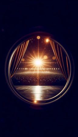 The moment a stage curtain rises, seen from behind, revealing the blinding stage lights and a silhouette of the audience, Ai generated image