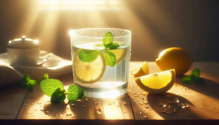 A close-up of a clear glass of water on a sunlit windowsill at dawn, condensation droplets forming on the cool glass, a fresh slice of lemon and a sprig of mint resting nearby on the wooden surface, Ai generated image