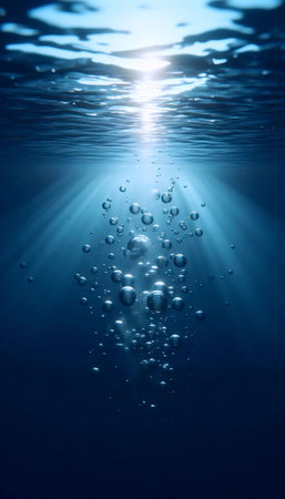 Three simple circles rising, each slightly larger than the one below, suggesting air bubbles floating upward through clear water, minimal illustration with clean lines and soft blue gradient, Ai generated image