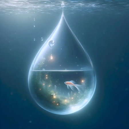 A single fish swimming within the outline of a water drop, suggesting that water is home, the fish rendered with a few simple lines, the drop containing and protecting, Ai generated image