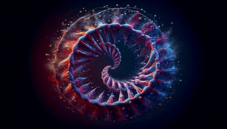 An evocative watercolor or digital painting depicting a DNA double helix that is gradually dissolving at its edges, the precise molecular structure slowly fragmenting and bleeding out into a cloud of abstract dots, mist, and chaotic energy, symbolizing decay, death, and the return to chaos, Ai generated image