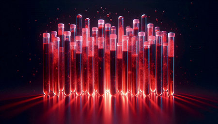A row of test tubes containing blood samples, illuminated from behind to create a luminous display of red hues ranging from deep crimson to bright scarlet, the composition reminiscent of a stained glass window or abstract painting, transparency, color gradients, reflections, celebrating the beauty of diagnostic materials, Ai generated image