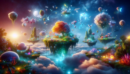 A young enchantress in vibrant, colorful robes stands against a backdrop of a breathtaking fantasy landscape featuring impossible pastel skies and floating islands, Ai generated image