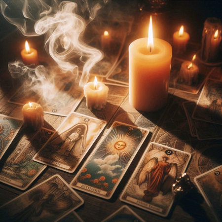 A spread of Tarot cards laid out on an antique wooden table, next to a lit candle and a crystal ball, with hands gently touching the edge of a card.