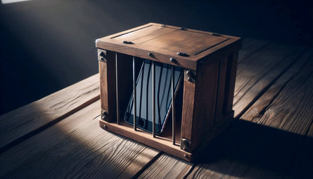 A smartphone lies inside a small metal birdcage or locked in a wooden box, a symbol of the voluntary imprisonment of a digital device, soft light, shadows, a metaphor for control and liberation, Ai generated image