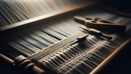A detailed close-up, vertical composition of a wooden loom with an unfinished woven textile, colorful warp threads, a shuttle resting to the side, and a spool of yarn, soft natural light casting gentle shadows, Ai generated image
