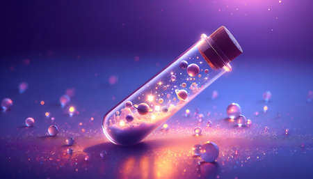 A test tube filled with glowing stars and planets instead of liquid, cosmic aesthetic, Ai generated image