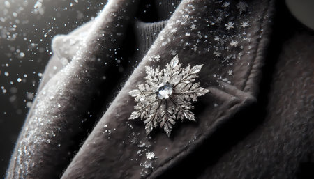 A sparkling crystal brooch in a snowflake design pinned on a winter coat collar, Ai generated image