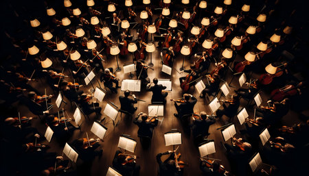 A high-angle shot of an orchestra pit with musicians in black attire playing string instruments, Ai generated image