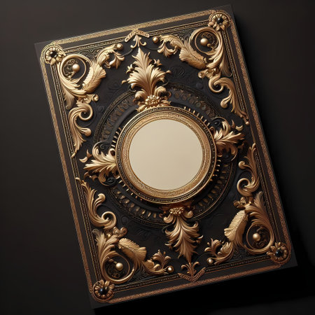 A luxurious paper label with a rich, dark background and a gold foil border, featuring a detailed, classical ornament and a central blank area in a soft cream, Ai generated image